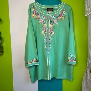 Bob Mackie Mint Green Fruit Embroidered Cardigan